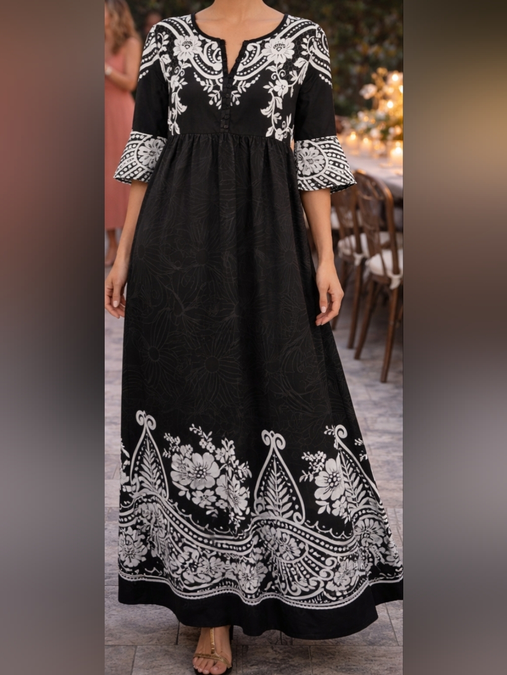 Black White Floral Midi Dress Women L Flowy Babydoll Empire Waist & Bell Sleeves